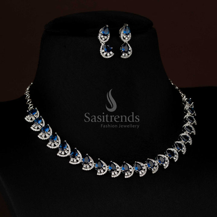 Elegant blue rhodium silver infinity American diamond necklace jewellery set with dual finish - Sasitrends