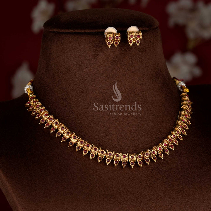 Imperial classic matte gold plated ruby motif necklace set paired with drop earrings for festive elegance – Sasitrends