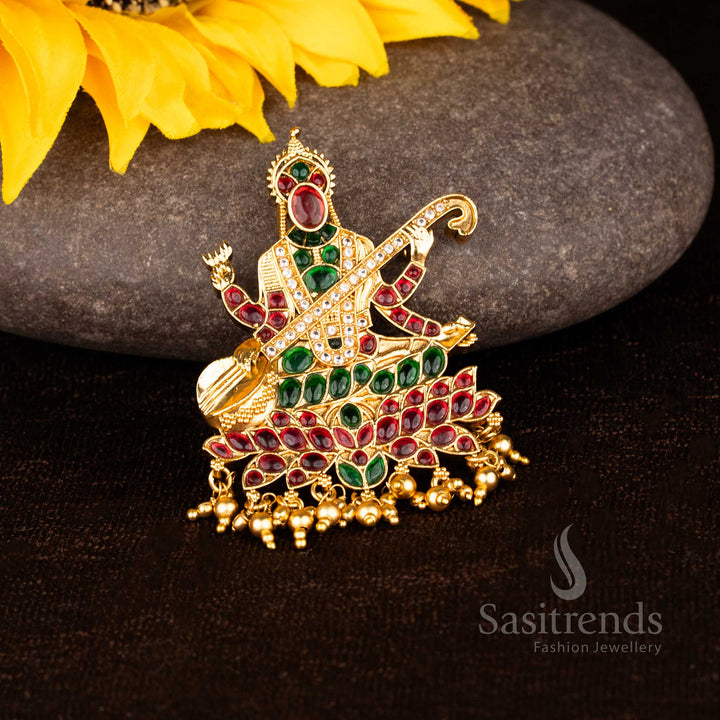 Divine Harmony Matte Gold Plated Temple AD Kemp Stone Goddess Saraswathi Pendant with Veena Motif