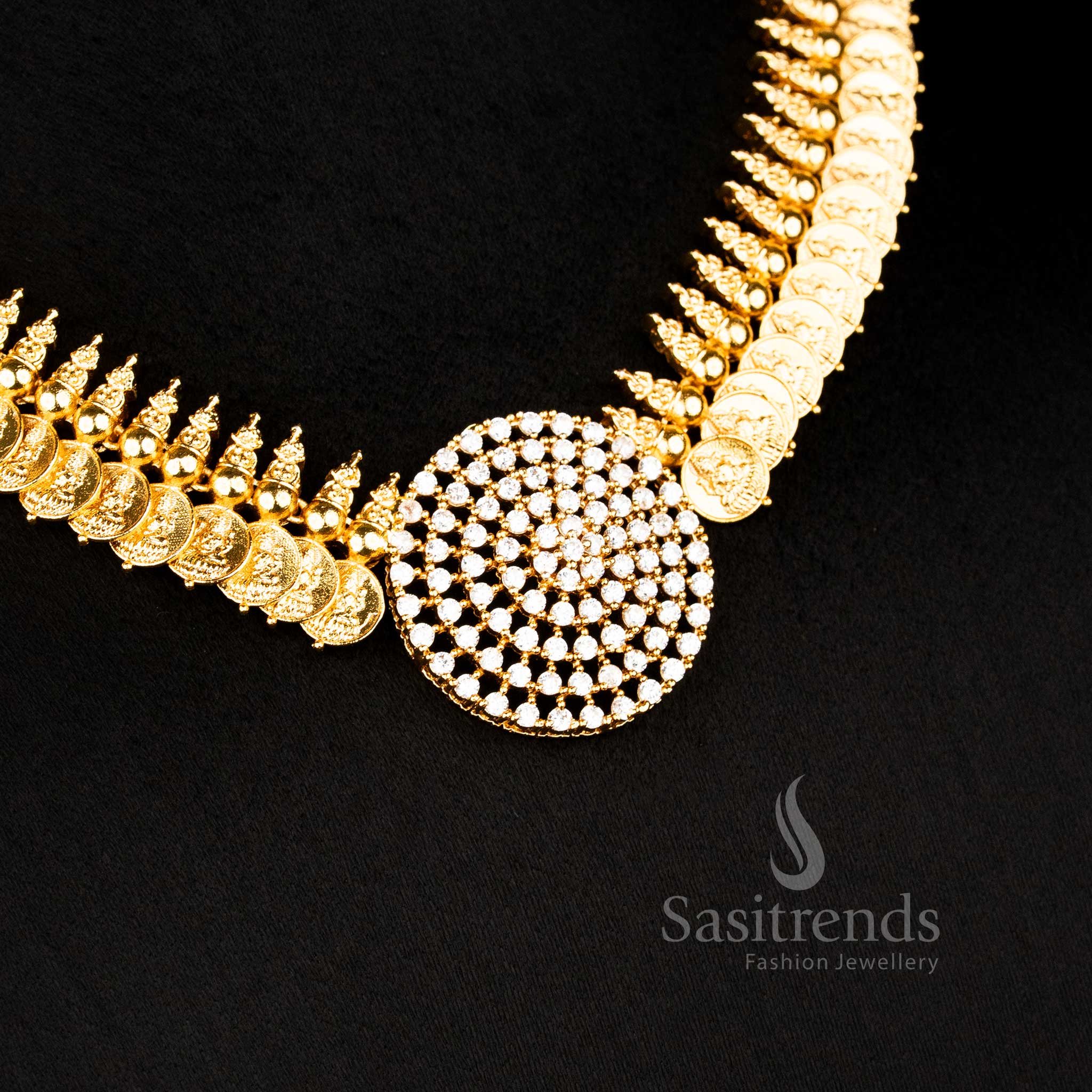 Divine premium temple matte gold plated Lakshmi coin necklace featuring white AD stone circular pendant for festive elegance - Sasitrends