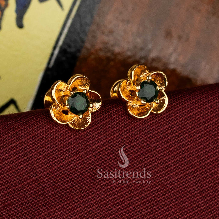 Elegant green impon addigai micro gold plated ornate floral AD solitaire stud earrings ideal for celebrations - Sasitrends