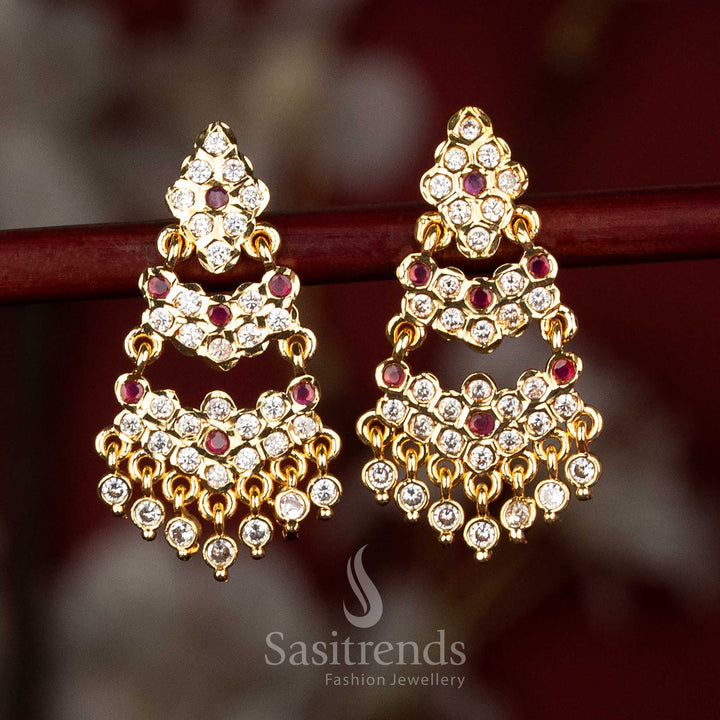 Impon micro gold plated diamond cut stud earrings with dual layer arch and ad stones white ruby colour for cultural celebrations Sasitrends