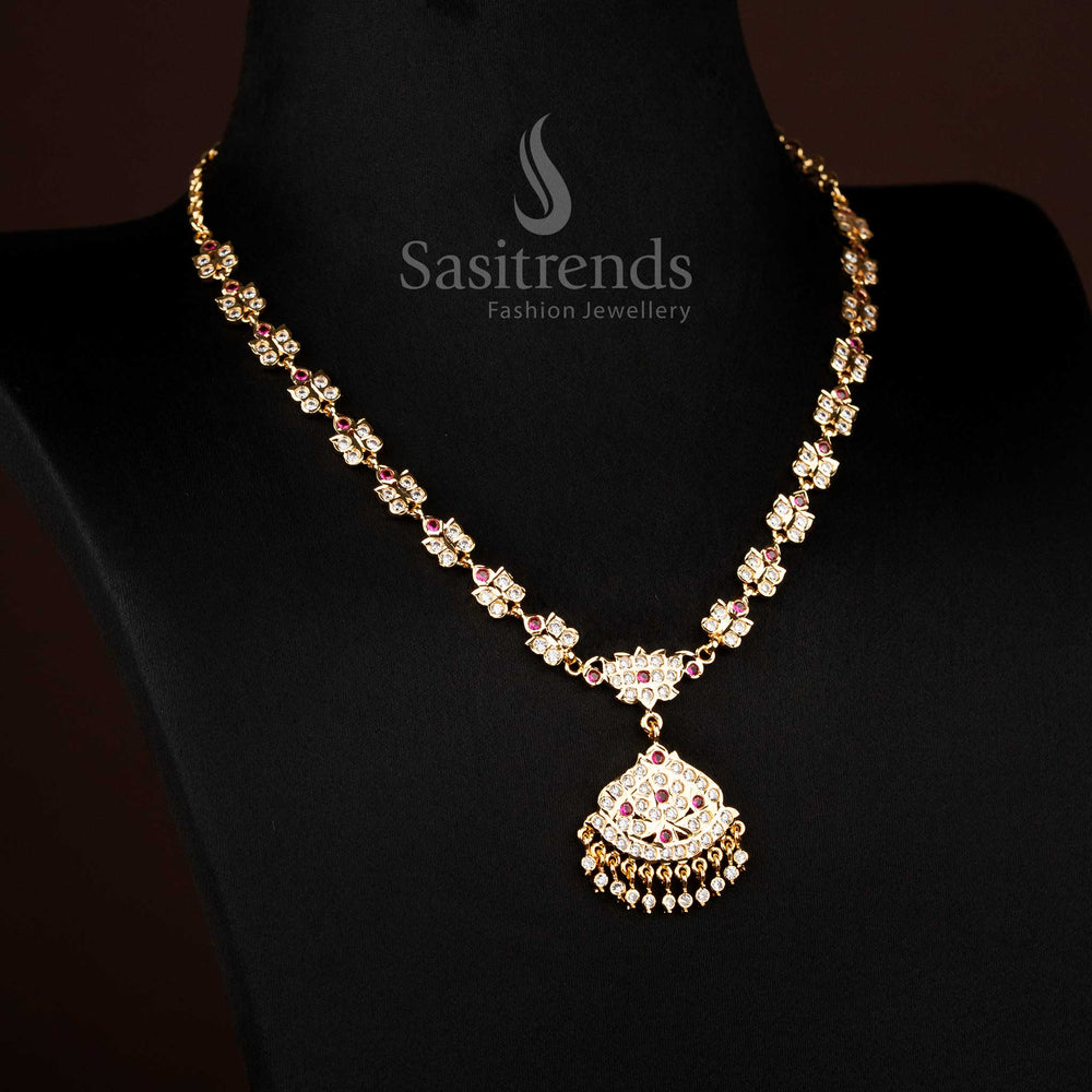 Graceful Impon micro gold plated white-ruby American diamond necklace adorned with shimmering pendant and dangling beads for occasional style – Sasitrends