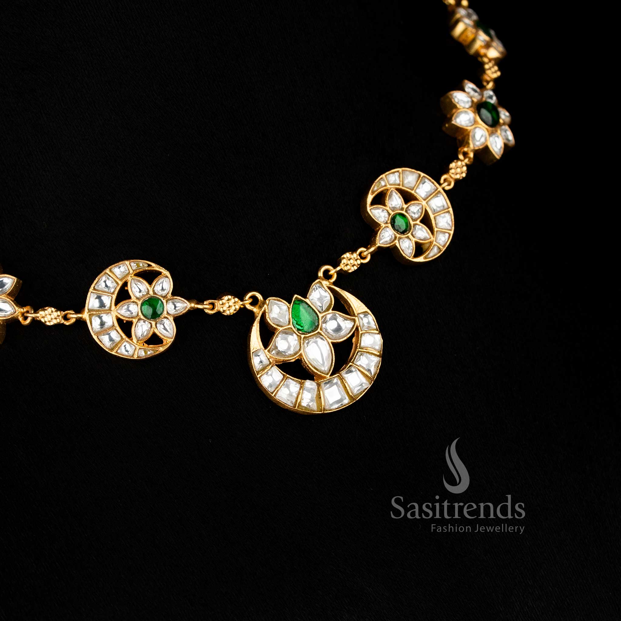 Opulent Jadau 24K gold plated crescent moon necklace with lotus floral motifs and pearl danglers, ideal for gala celebrations and festive evenings – Sasitrends