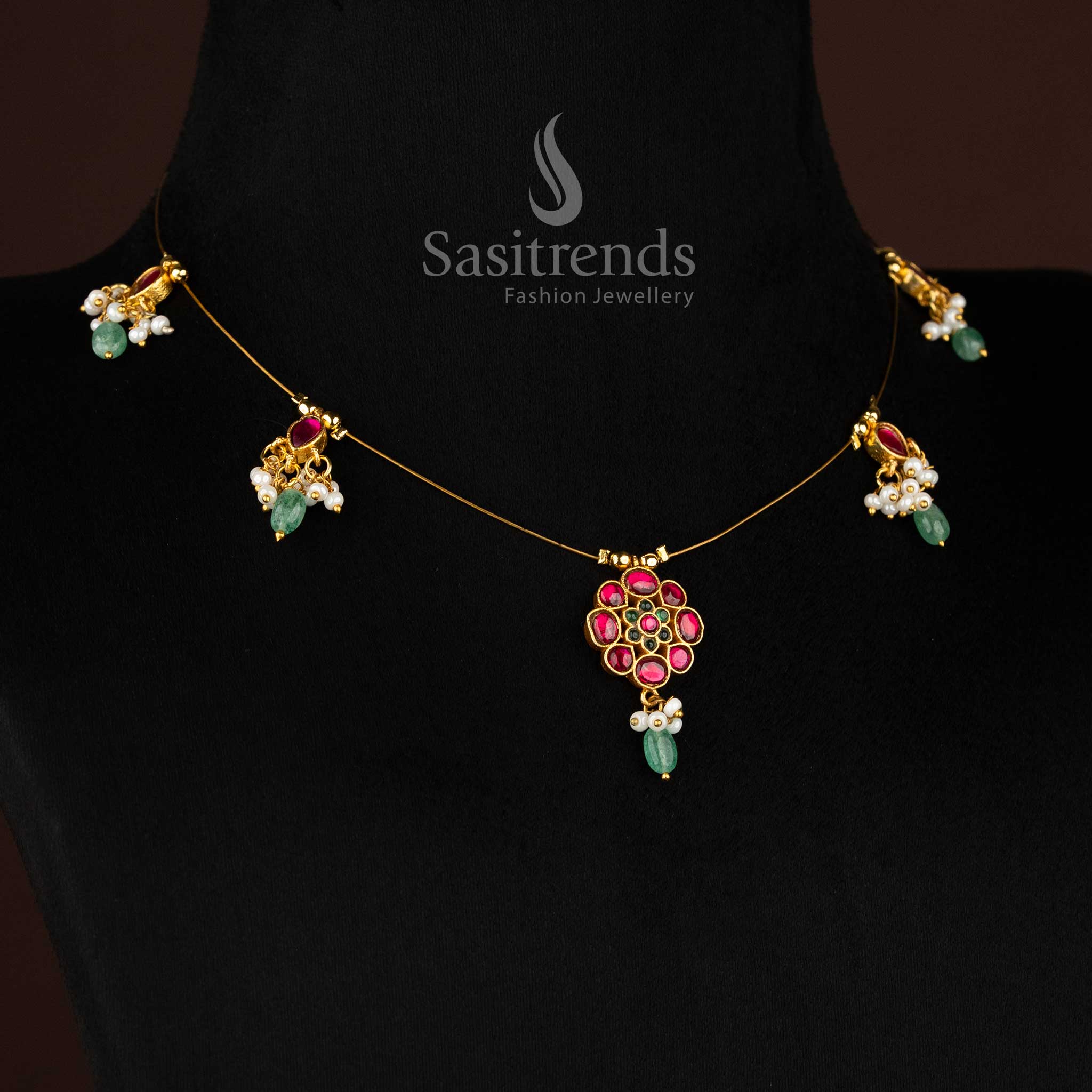Opulent Jadau 24K gold plated invisible chain necklace featuring detailed motifs and subtle pearl touches, ideal for traditional saree ensembles – Sasitrends