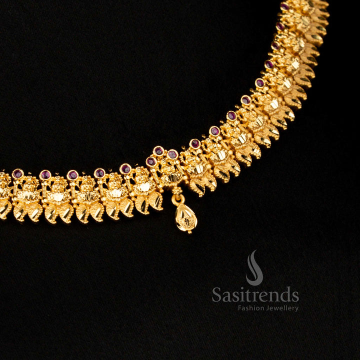Exquisite Lakshmi necklace forming Micro Gold Plated style with Ruby stone embellishments, perfect for festive parties and special occasions – Sasitrends