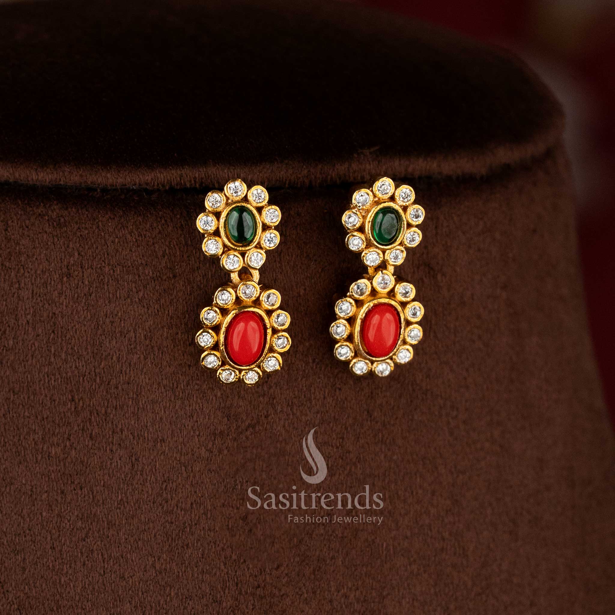 Chic matte gold plated multi-colored oval floral AD earrings for festive ensembles, silk sarees, and ethnic parties – Sasitrends