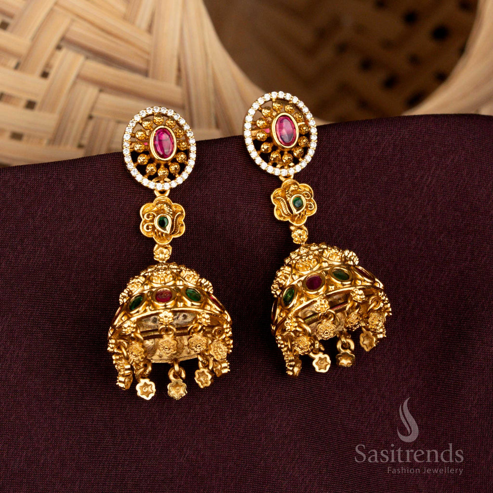 Baroque multicolor oval-in-circle temple jhumka earrings crafted with ornate floral domes, splendid danglers, majestic matte gold artistry, and aristocratic heritage refinement – Sasitrends