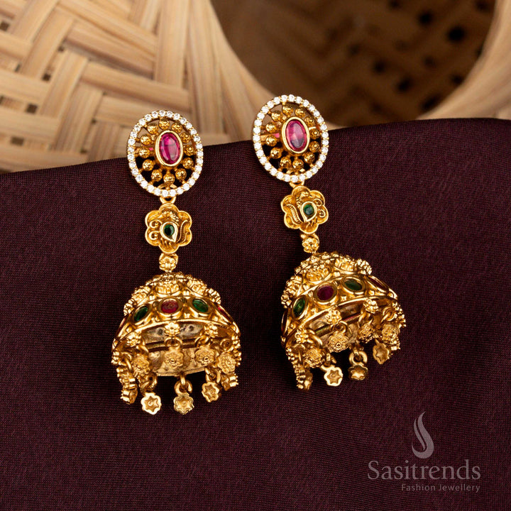 Baroque multicolor oval-in-circle temple jhumka earrings crafted with ornate floral domes, splendid danglers, majestic matte gold artistry, and aristocratic heritage refinement – Sasitrends