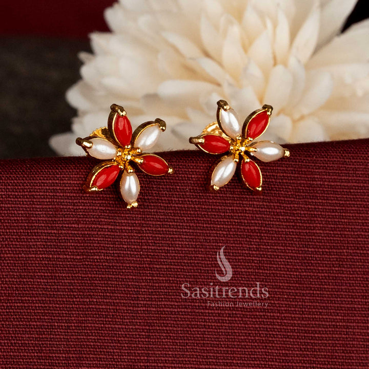Refined micro gold plated AD floral twin shade circle pattern stud earrings in pearl-pavalam mix curated for stylish expression – Sasitrends