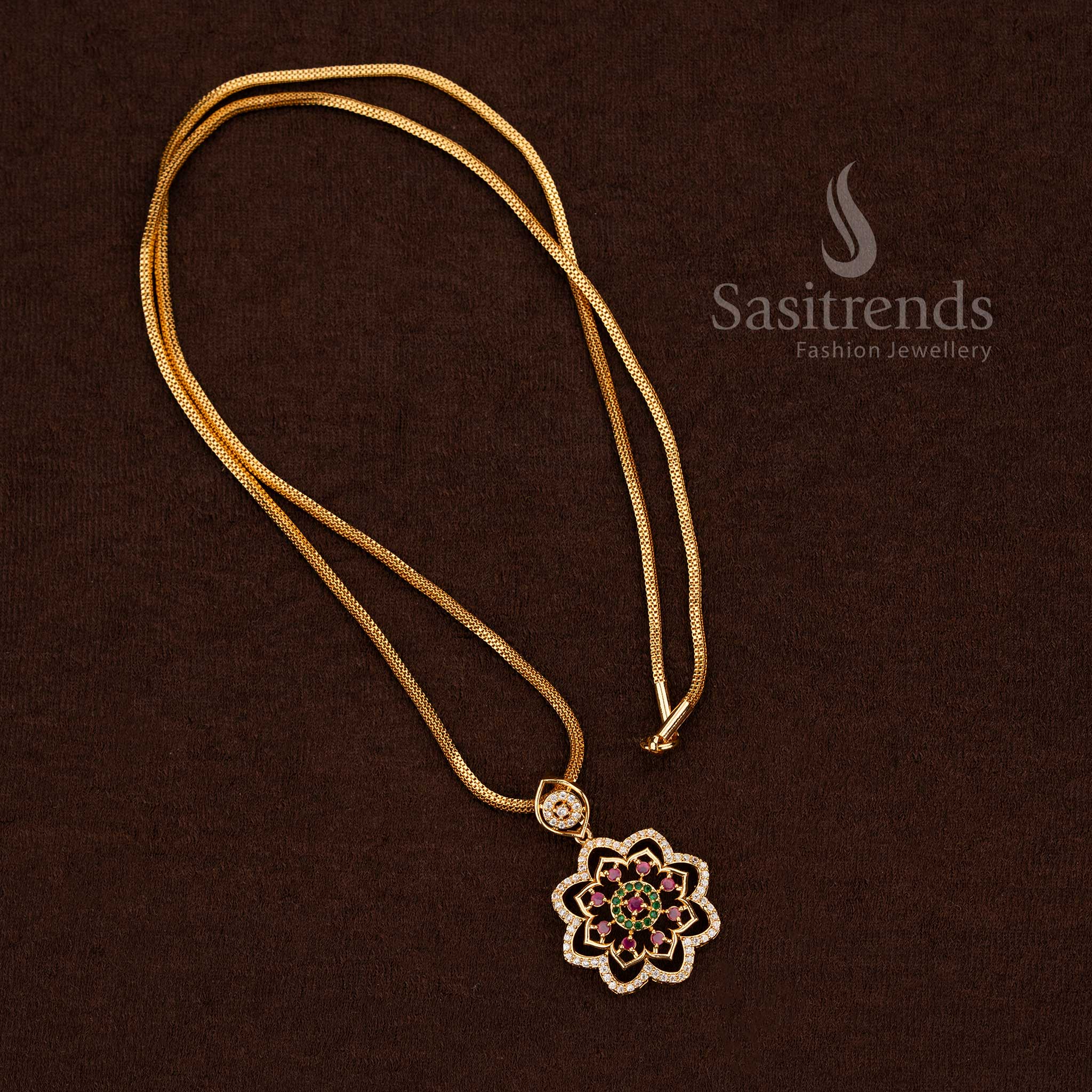 Opulent multi-colour AD stone floral chain necklace with bright stones suitable for traditional weddings and festive occasions Jewellery - Sasitrends