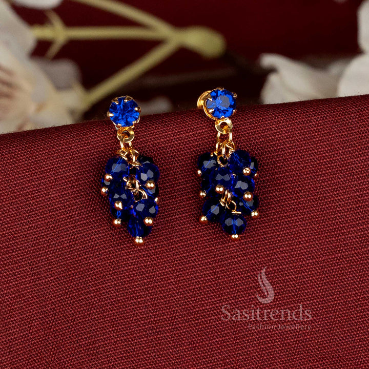 Elegant micro gold plated earrings adorned with blue crystal grape motifs, shaped to complement modern festive looks – Sasitrends
