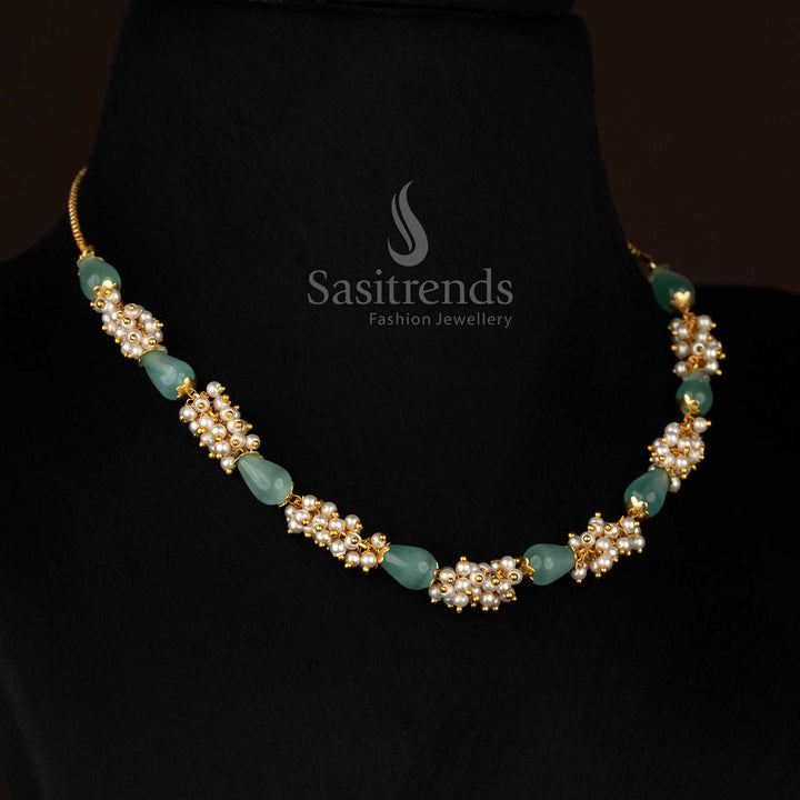 Graceful micro gold plated mint beads pearl cluster mala necklace designed for traditional functions and refined jewellery wear-Sasitrends