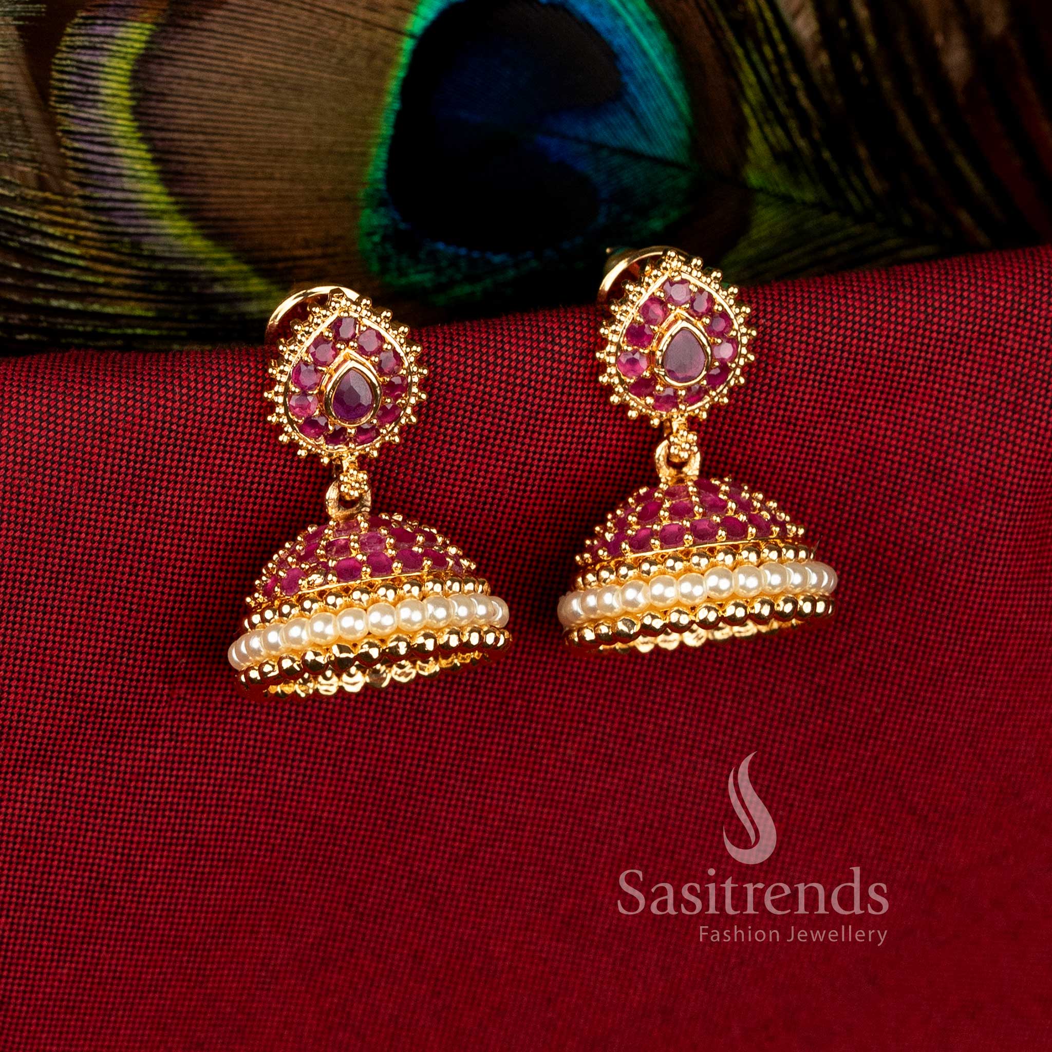 Ruby gleam micro gold plated teardrop jhumka earrings with American diamonds and pearl dome for stylish festive and wedding wear – Sasitrends