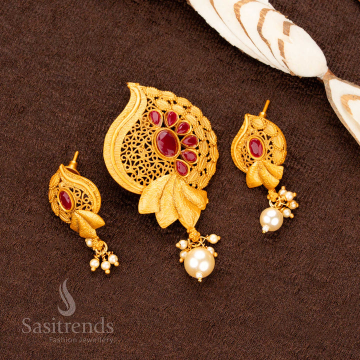 Graceful Micro Gold Plated Ruby Stone Lakshmi Pendant with Matching Earrings – Temple Inspired Traditional Jewellery – Sasitrends