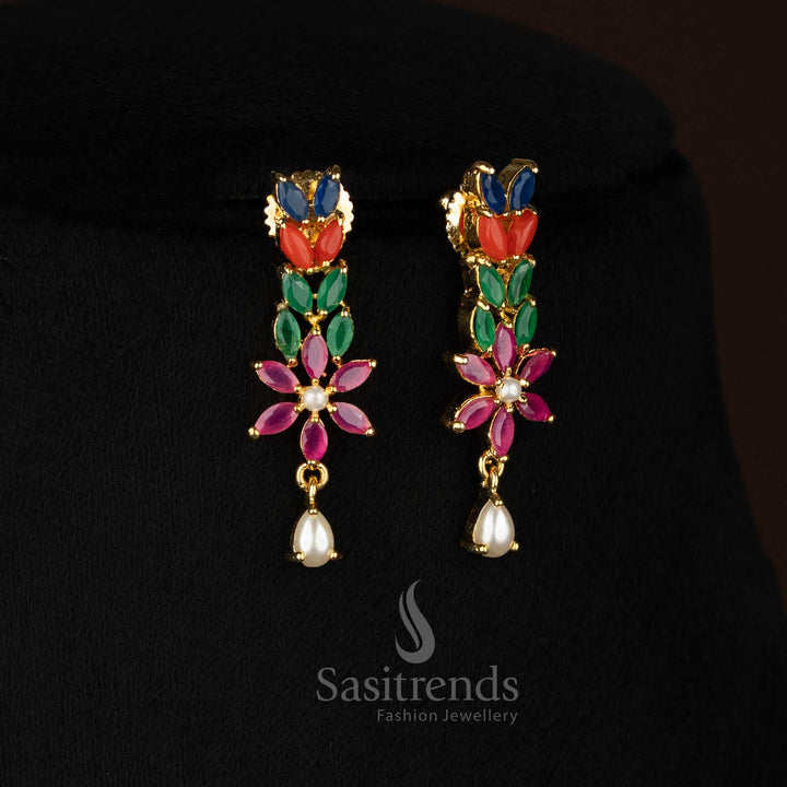 Chic micro gold plated Pearl-Navarathna American diamond and pearl floral leaf earrings curated for festive ethnic styling and social celebrations -Sasitrends