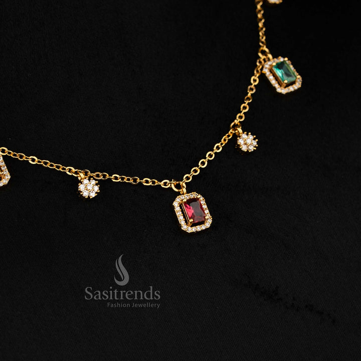 American diamond invisible matte gold plated floral single layer necklace set adorned with rectangular stones, elegant jewellery for festive occasions - Sasitrends