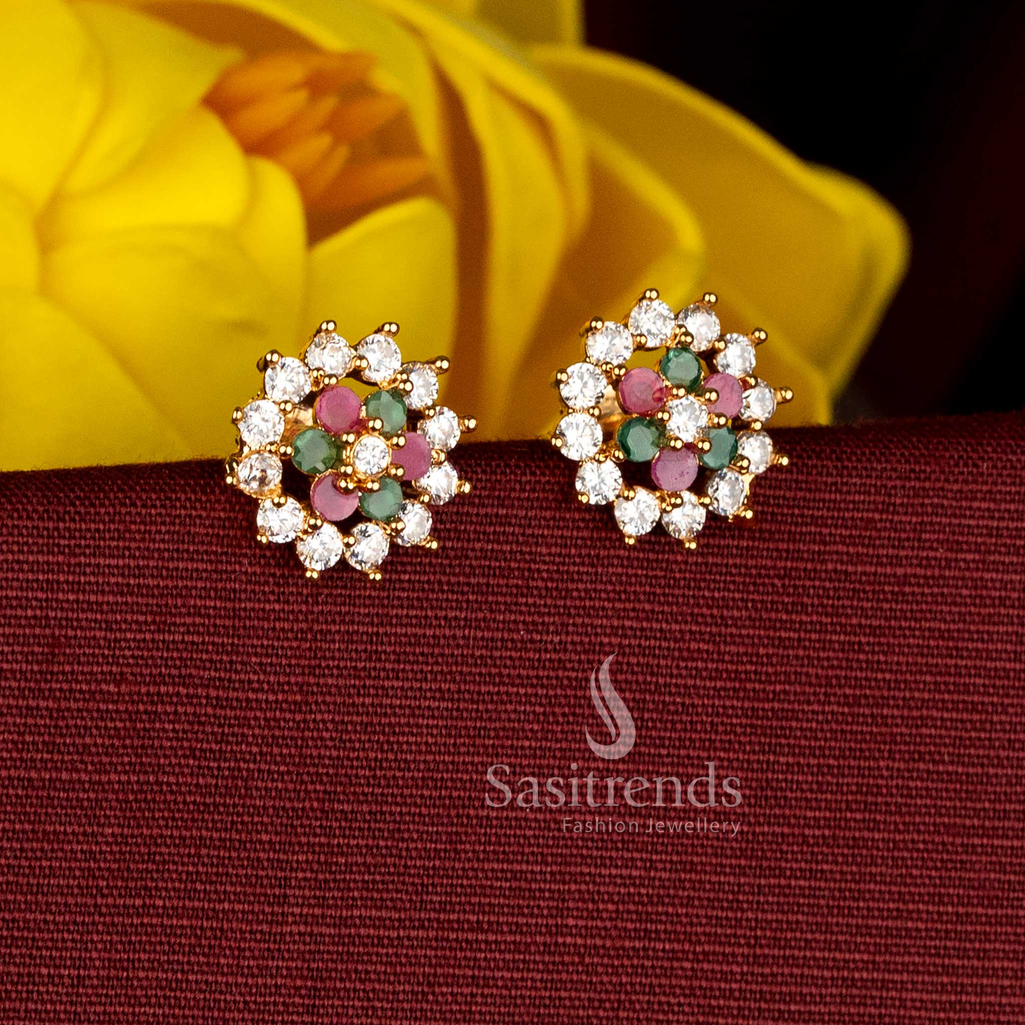 Exquisite multi-colour micro gold plated AD floral stud earrings with pearl accents, ideal for cultural, traditional, and festive dressing with silk saree or half saree - Sasitrends