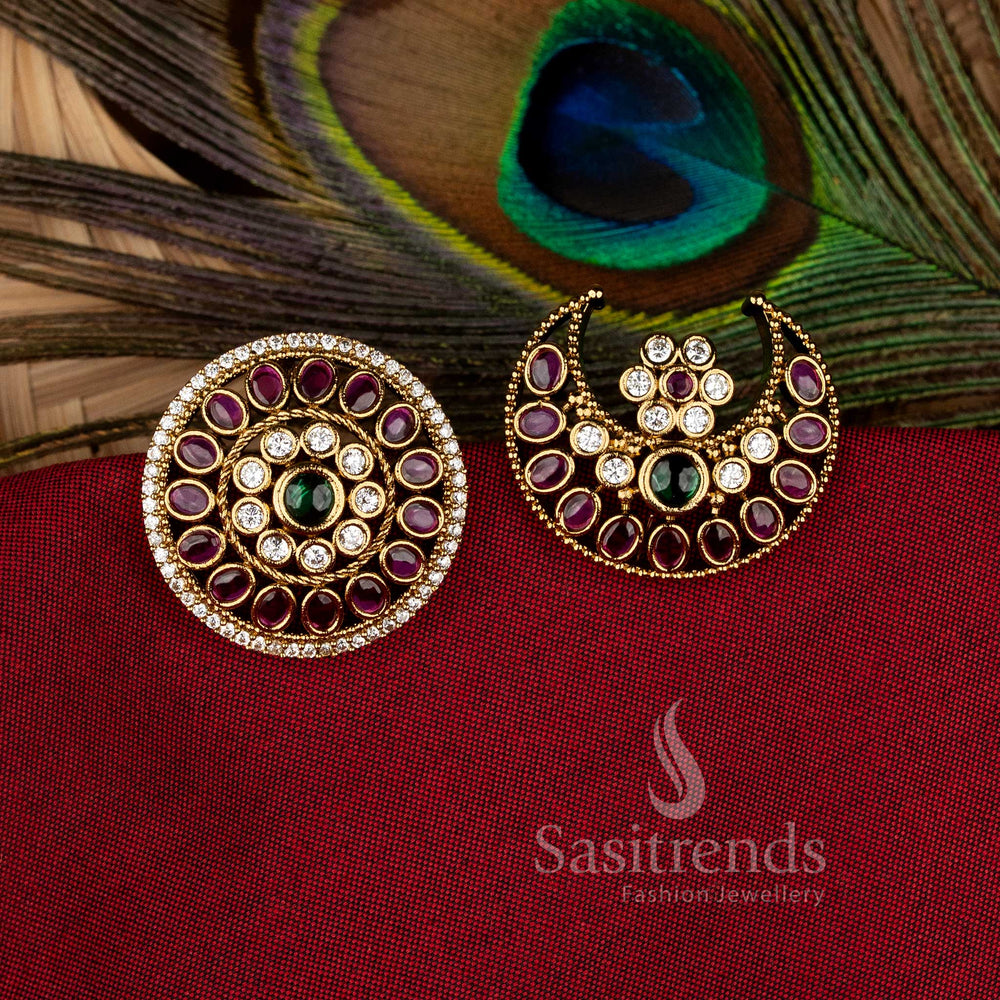 Majestic multi temple matte gold plated floral crescent jadai billai hair accessories, crafted with intricate detailing for bridal traditional wear and divine festive charm by Sasitrends