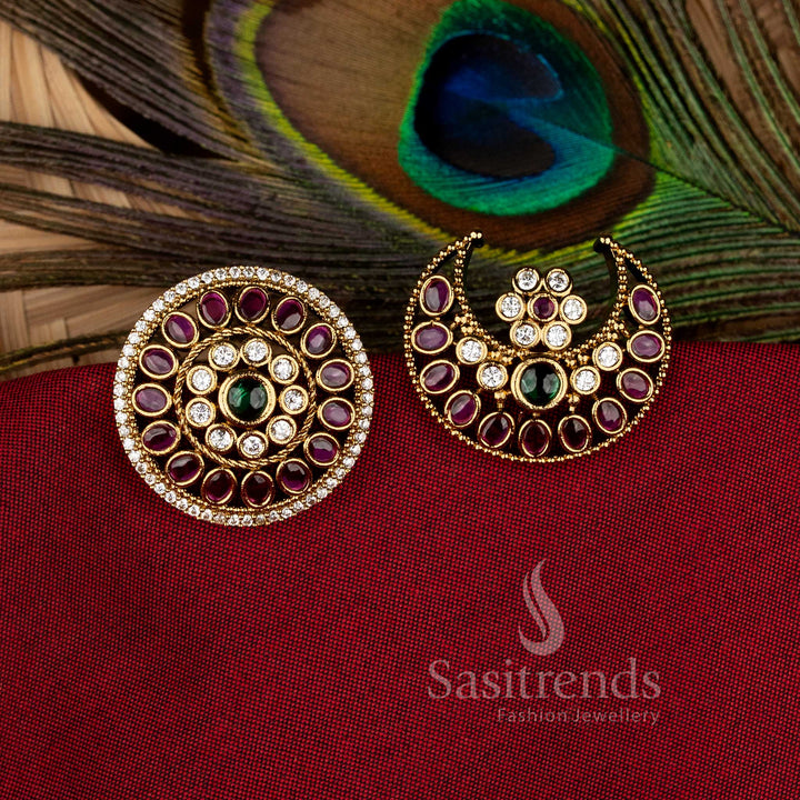Majestic multi temple matte gold plated floral crescent jadai billai hair accessories, crafted with intricate detailing for bridal traditional wear and divine festive charm by Sasitrends
