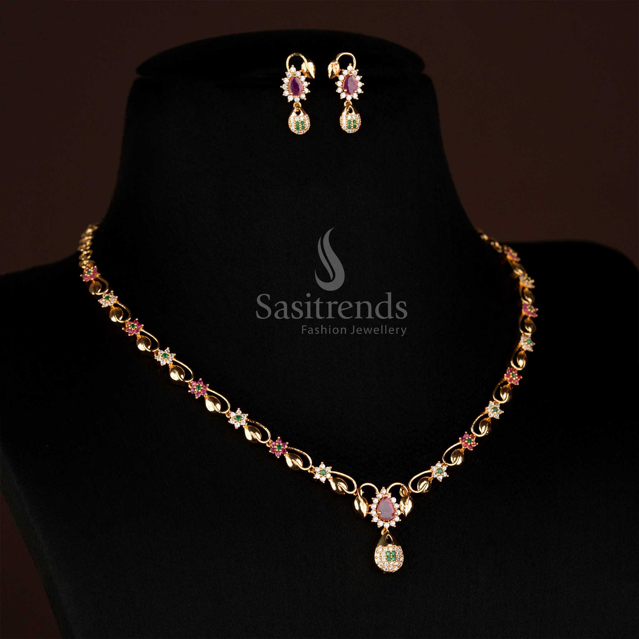 Vibrant fusion micro gold plated AD teardrop pendant necklace with multi-coloured gemstones, perfect for festive celebrations and eye-catching party wear – Sasitrends