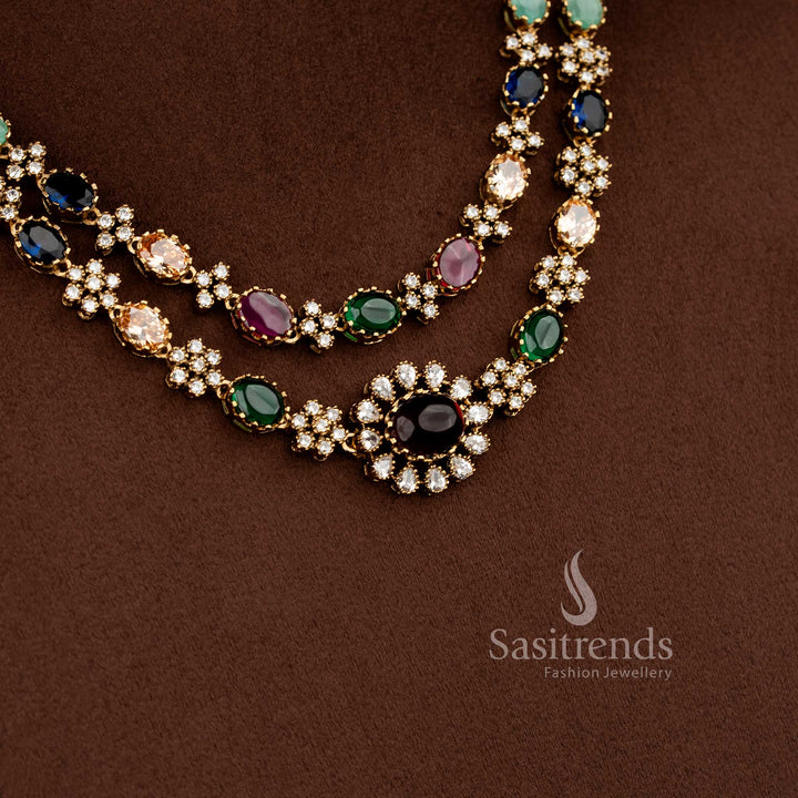 Classic navarathna American diamond floral layered necklace set, elegant jewellery for weddings and festive events - Sasitrends