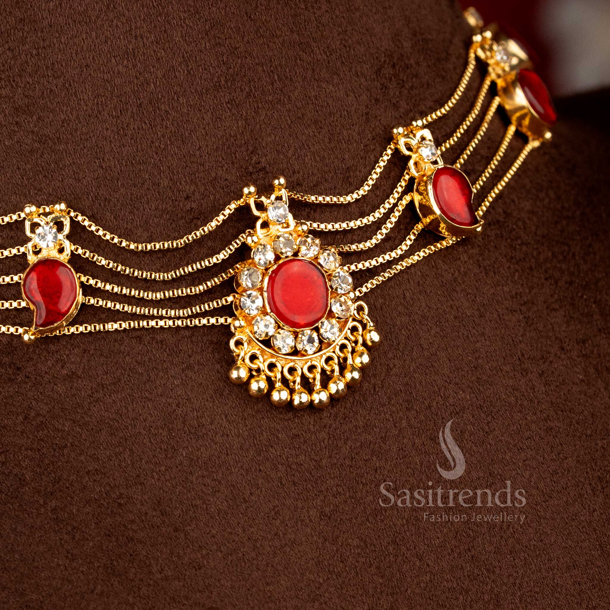 Regal one gram micro gold plated Kerala mango choker necklace featuring rich red detailing and classic motifs for traditional saree occasions - Sasitrends