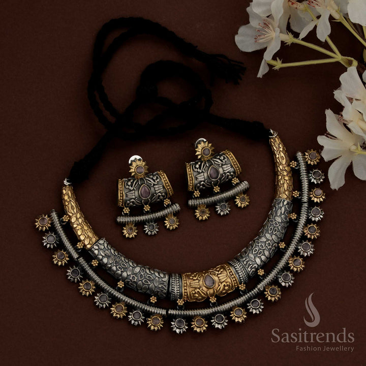 Festive oxidised pink Huslia crescent chandbali necklace crafted with intricate teardrop stones for ethnic styling - Sasitrends