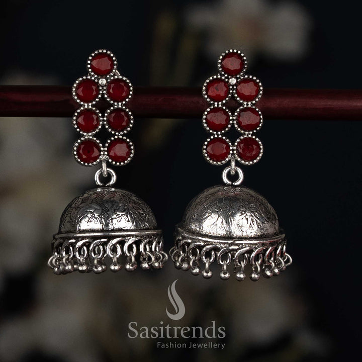 Striking oxidised round stone jhumka earrings red colour for cultural occasions Sasitrends