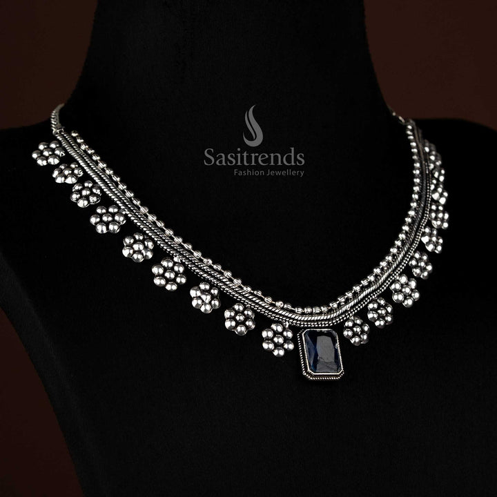 Chic oxidised silver floral centre necklace featuring blue rectangular stone for party elegance – Sasitrends