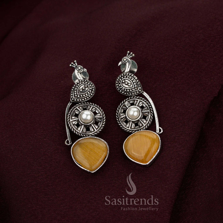 Majestic Oxidised Peacock Earrings with Stone & Pearl Drop for Office & Navarathri Wear