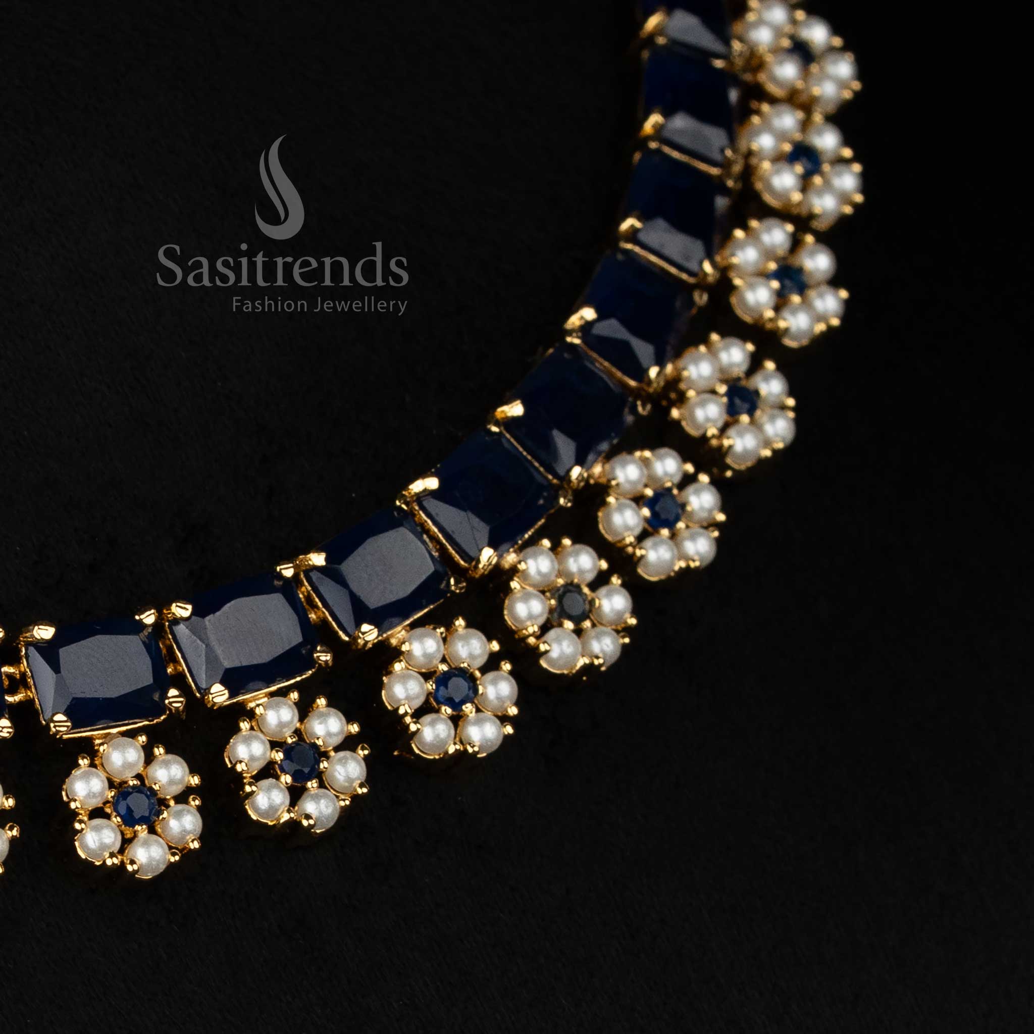 Elegant pearl-blue American Diamond rectangle floral pearl necklace with micro gold plating ideal for festive and cultural celebrations - Sasitrends