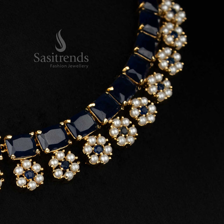 Elegant pearl-blue American Diamond rectangle floral pearl necklace with micro gold plating ideal for festive and cultural celebrations - Sasitrends