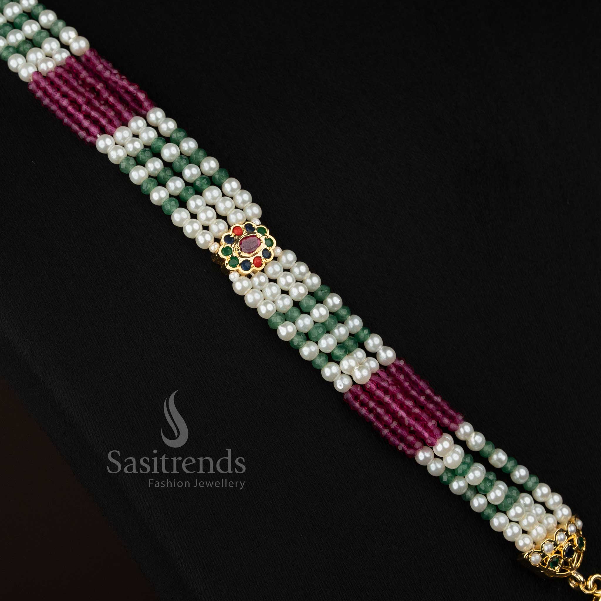 Opulent pearl navarathna American Diamond hexagonal pendant pearl earrings perfect for cultural events and showcases - Sasitrends