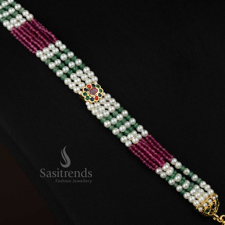 Opulent pearl navarathna American Diamond hexagonal pendant pearl earrings perfect for cultural events and showcases - Sasitrends