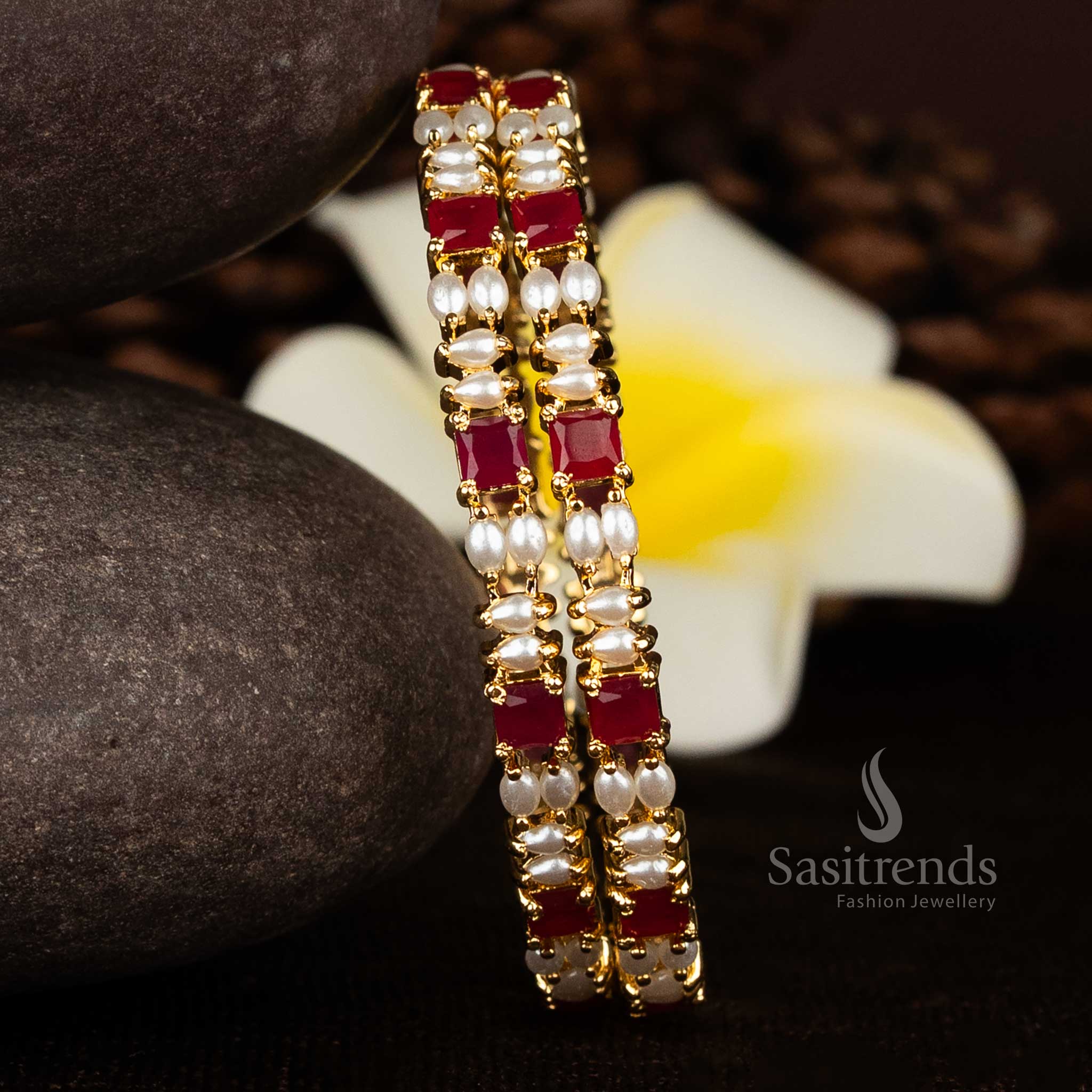 Radiant Pearl-Ruby row pearl and ruby embellished 24K micro gold plated bangles with guaranteed real gold look, perfect for weddings and celebratory saree jewellery – Sasitrends