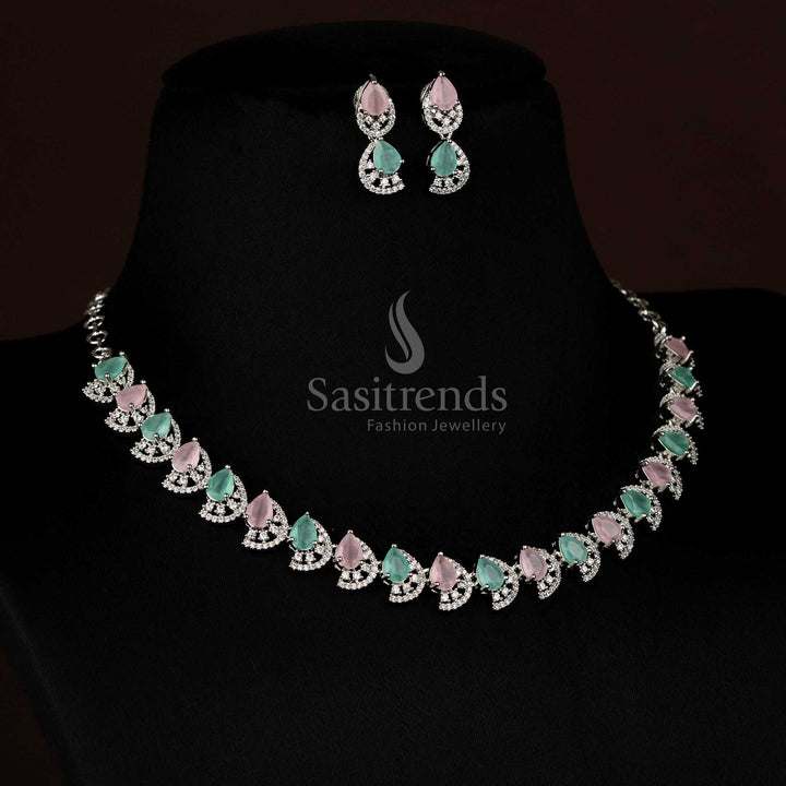 Stylish pink mint rhodium silver teardrop American diamond necklace jewellery set for fashionable wear - Sasitrends