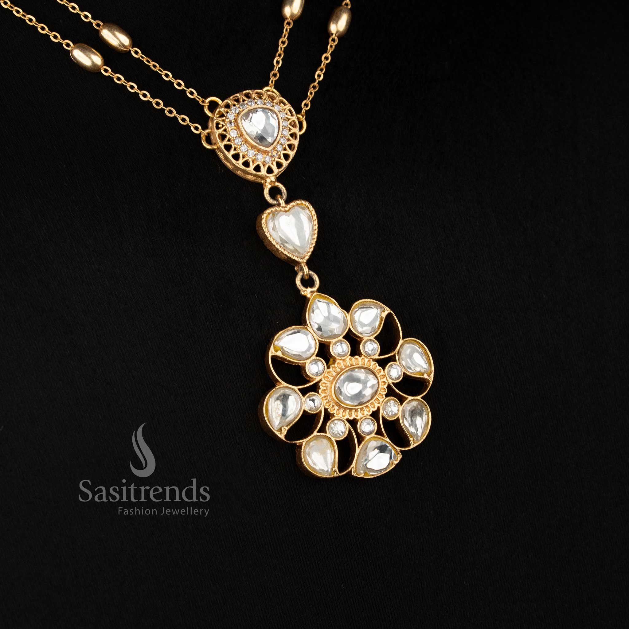 Opulent Jadau 24K gold plated white double-layer necklace featuring heart and floral motifs, perfect for festive sangeet celebrations and designer saree looks – Sasitrends