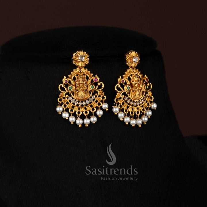 Opulent premium matte gold plated Lakshmi lotus floral earrings adorned with vibrant multi-stone highlights, ideal for traditional cultural ceremonies jewellery - Sasitrends