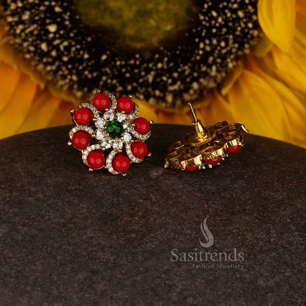 Charming premium matte gold plated pavalam round temple stone stud earrings designed for traditional festive style and vibrant detailing - Sasitrends