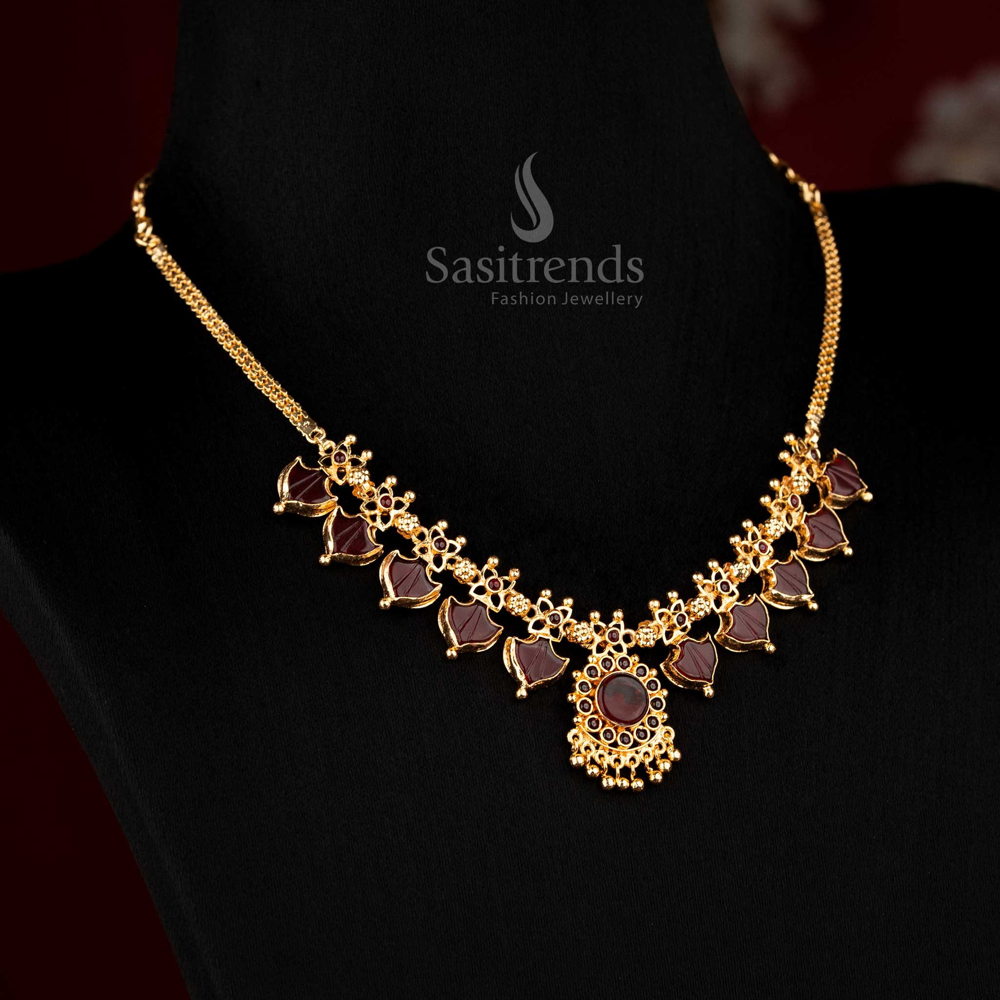Royal red micro gold plated AD Palakka Lakshmi necklace, elegant ornament for temple and festive wear - Sasitrends