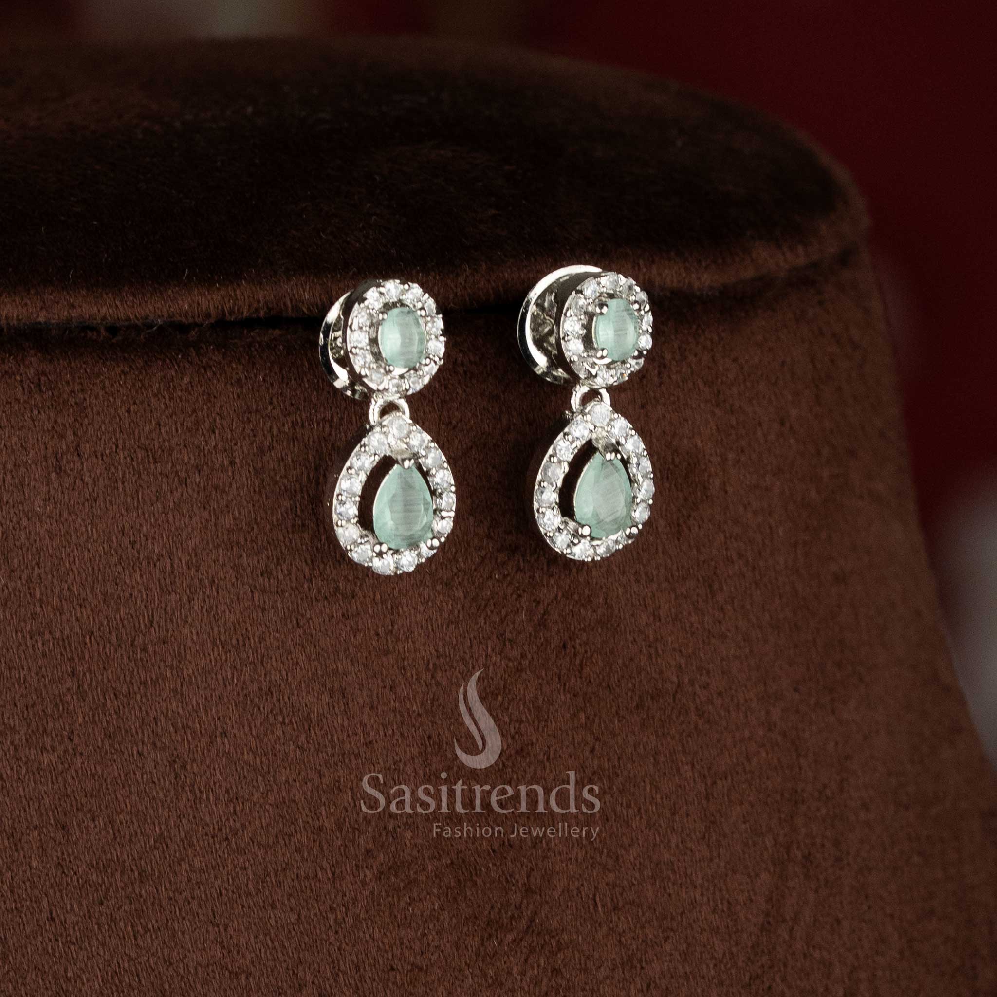 Chic rich look rhodium silver plated mint American Diamond earrings for modern party and festive styling – Sasitrends
