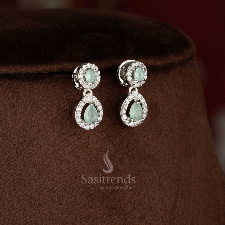 Chic rich look rhodium silver plated mint American Diamond earrings for modern party and festive styling – Sasitrends