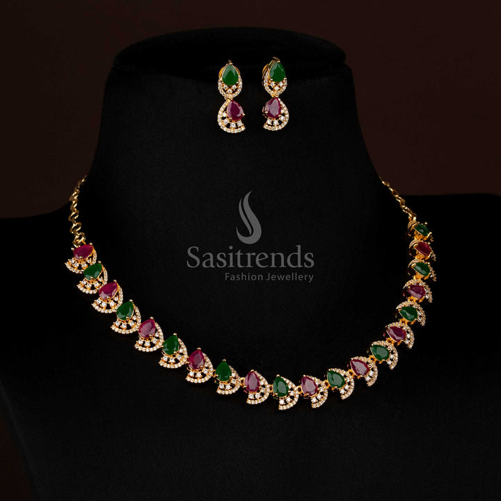 Chic ruby green dual finish gold plated infinity pendant necklace with teardrop design and AD accents for parties - Sasitrends