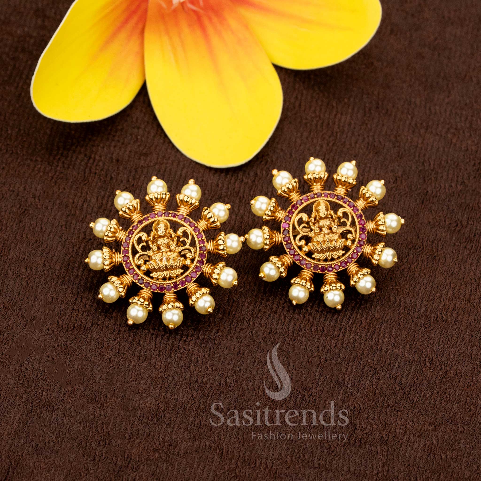 Elegant ruby matte gold plated pearl Lakshmi stud earrings, designed to wear for festive temple occasions and traditional ceremonies – Sasitrends