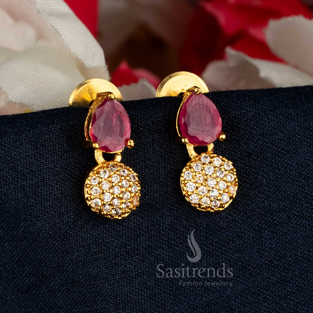 Radiant ruby teardrop and round cluster American diamond gold plated earrings with gleaming finish perfect for bridal and festive elegance – Sasitrends