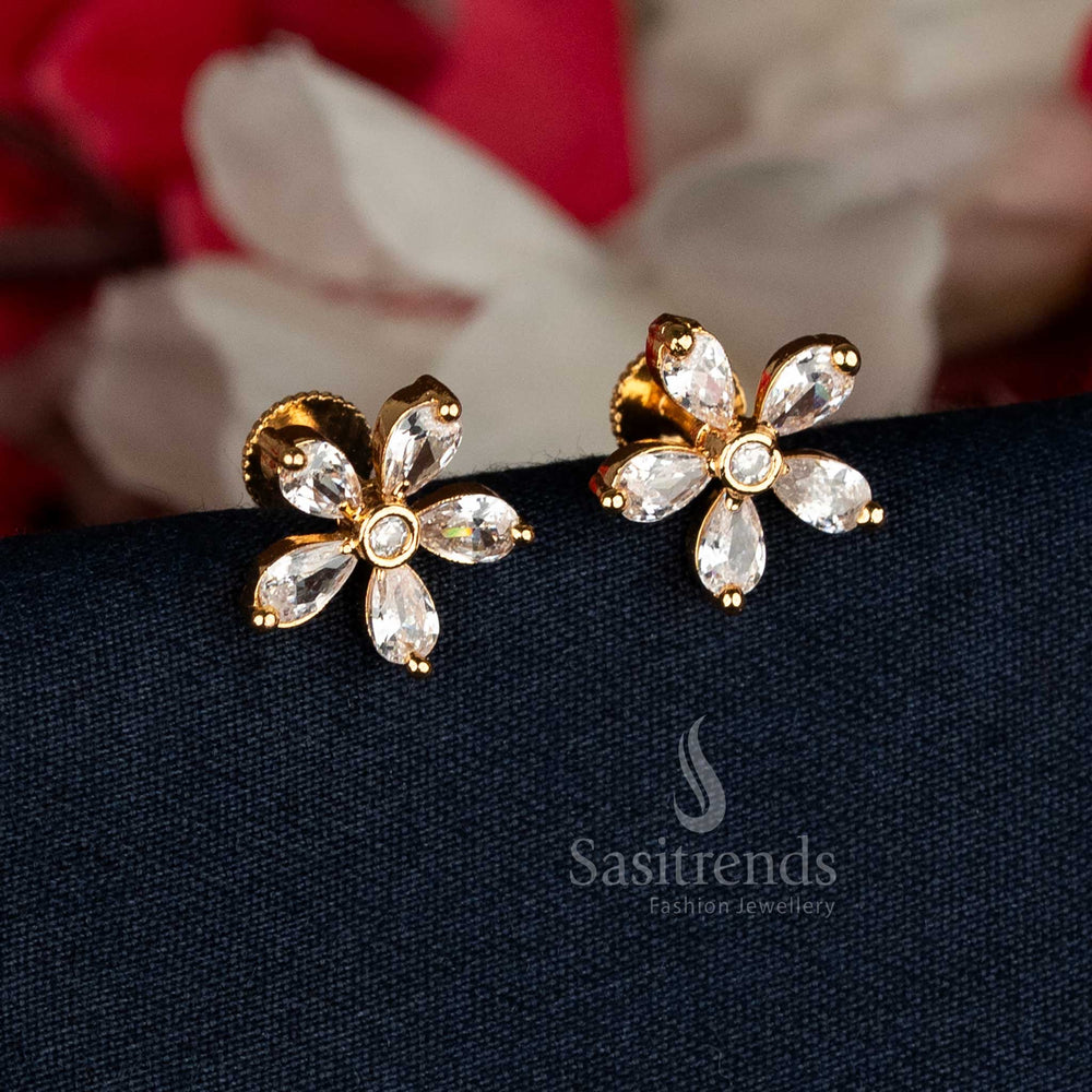 Radiant White Guaranteed Micro Gold Plated AD Stone Flower Stud Earrings featuring intricate detailing and a luminous finish, crafted for graceful festive charm and elegant traditional wear — Sasitrends