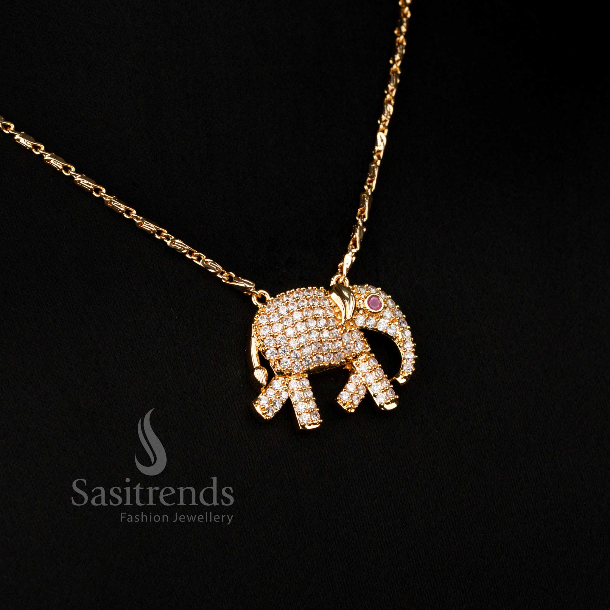 Opulent White Guaranteed Micro Gold Plated Elephant Pendant Chain Necklace featuring exquisite AD embellishments, ideal for traditional cultural wear, festive celebrations, and bridal occasions – Sasitrends