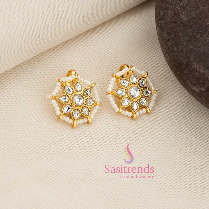 Elegant white 24K Jadau Kundan floral sunburst bugadi earcuff with pearl fringe for serene ceremonial and traditional jewellery styling – Sasitrends