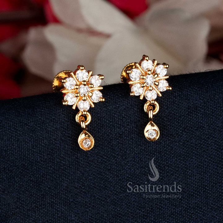 Radiant white AD floral teardrop earrings featuring micro gold shine for festive and temple elegance – Sasitrends